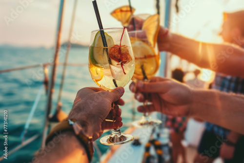 Group of friends relaxing on luxury yacht, drinking and toasting with cocktails and having fun together while sailing in the sea