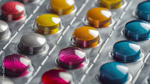 Colorful capsules in a blister pack are arrayed in an organized pattern.