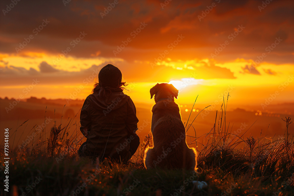 Person with dog watching sunset over fields. Backlit silhouette with warm golden hour light. Friendship and tranquility concept for design and print.