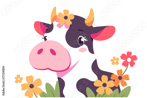 Happy cartoon milky cow with colorful flowers. Flat vector illustration isolated.