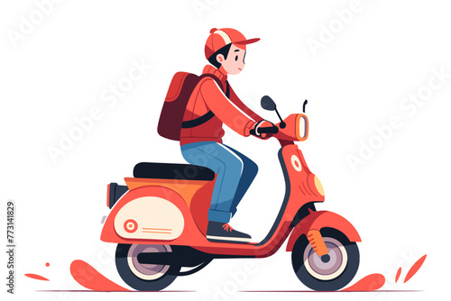 Delivery person with a red backpack is riding a red scooter, fast delivery service symbol. Customer service, online shopping, fast delivery. Flat vector illustration.