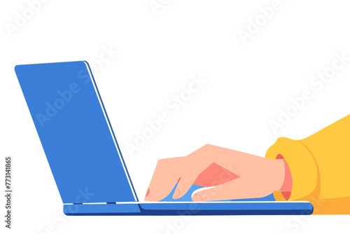 Side view of hand typing on open laptop. Person working on portable computer. Freelance, modern technology, work from home. Flat vector illustration.