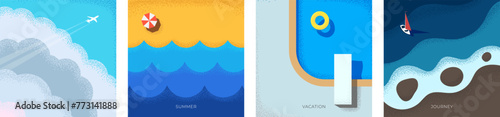 Abstract retro minimal summer travel square banner. Plane flies in clouds holiday vintage print. Yacht on sea and beach with swimming pool on vacation trendy minimalist eps poster. Summertime journey