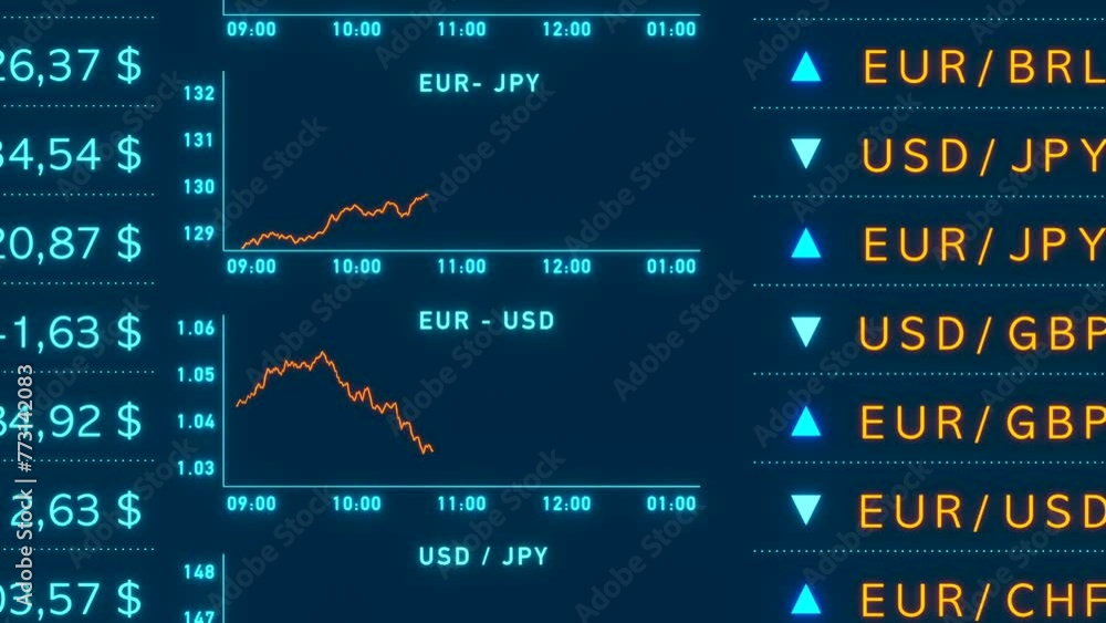 Currency exchange rates, US Dollar, Euro, British pound Japanese yen, chart in the background. Different EUR, USD, JPY and GBP prices and percentages. 