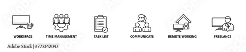 Work from home banner web icon vector illustration concept of wfh with icon of workspace, time management, task list, communicate, remote working and freelance
