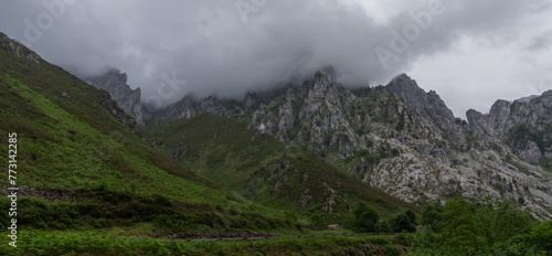 Spectacular views in Picos de Europa National Park  Asturias  Spain. Rainy and cloudy day in the mountains in spring.