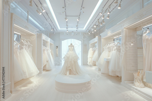 Luxury white interior of store with wedding dresses