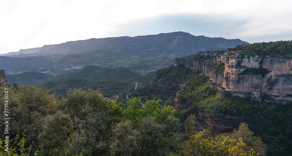 Majestic mountains landscape. A view from peak Mirador de Siurana, Priorat, Tarragona, Spain, Europe. View and nature around. Beautiful travel destination.