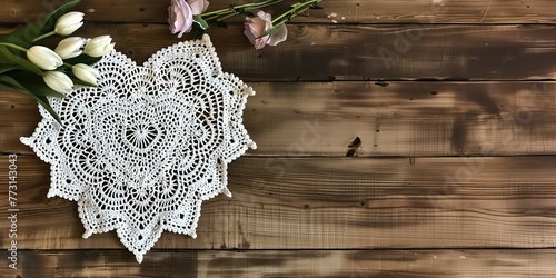 white heart shaped crocheted doily and flowers on a wooden surface. 