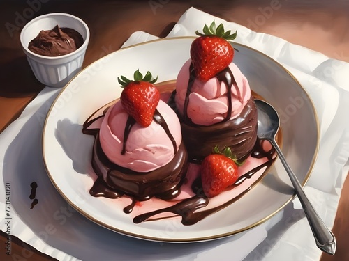 watercolor painting of strawberry and chocolate gelato served