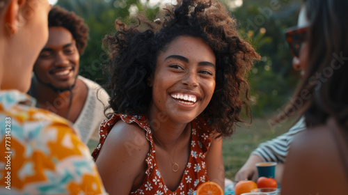 A laughing woman enjoys a picnic with friends in a sunlit park