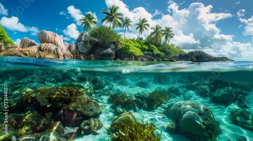 An underwater view of a tropical island with palm trees
