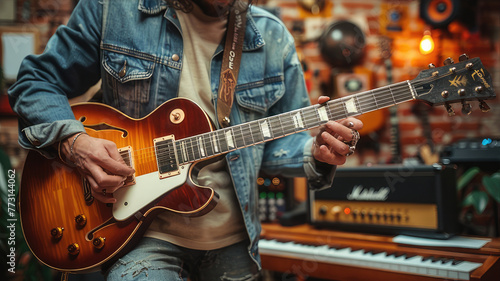 a man is playing an electric guitar in a music studio