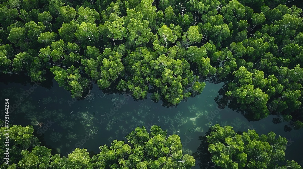 Earth Day - Aerial Top View of Mangrove Forest. Enviroment Day Concept with Trees and Water Stream River. Drone View Green Background for Carbon Neutrality and Zero Emission
