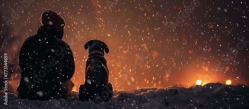 person and a dog siting outside at night in winter when the snow is snowing. 
