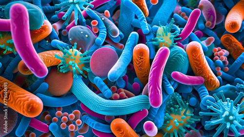 Macro view of healthy gut bacteria and microbes	 photo