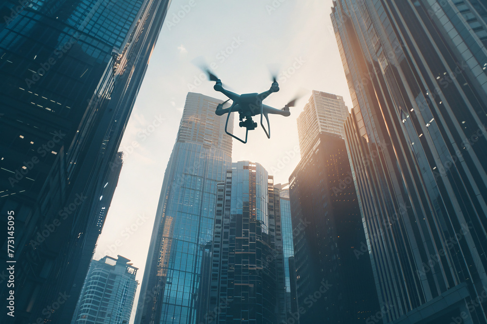 drone flying in modern city and shooting photo or video - obrazy, fototapety, plakaty 