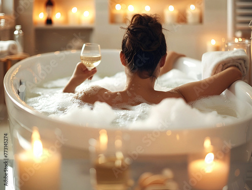 Woman taking a bath by candlelight.