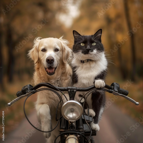 Obraz na płótnie Cat and Dog Motorcycle Adventure created with Generative AI technology w salonie