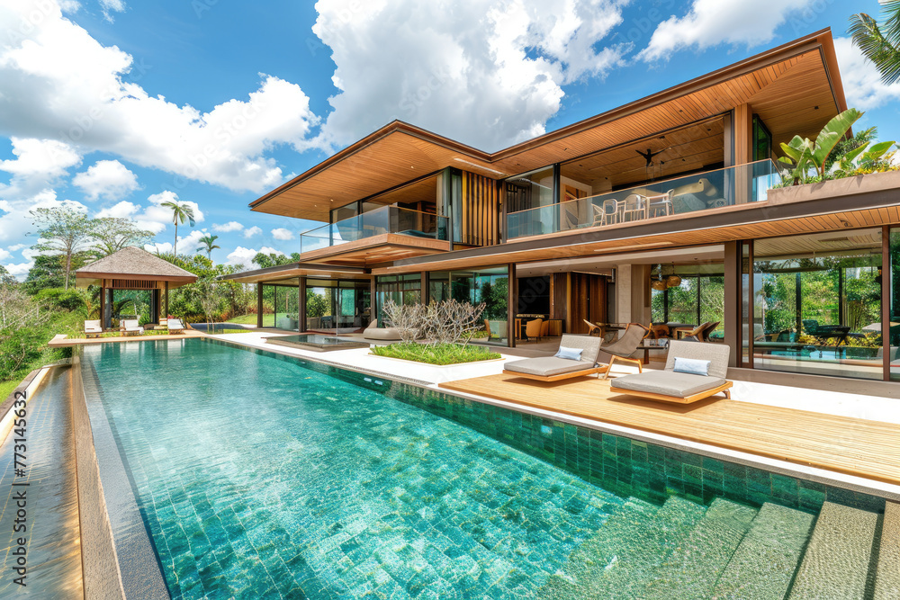A beautiful and modern two-story villa with an open pool, surrounded by lush green grass, featuring light wood accents on the roof and walls of glass windows