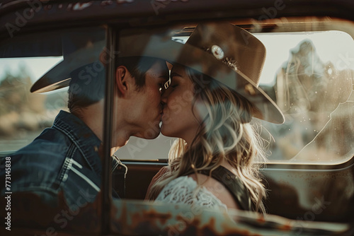 Cowboy and girlfriend kissing in through the back window of a pickup truck
 photo