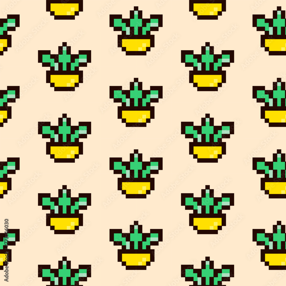 Naklejka premium Pixel art element seamless pattern. Seamless pattern with one element cactus in pixel style. Vector illustration