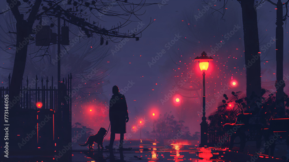 Twilight promenade with a dog in the city park. Urban evening leisure concept. Artistic poster design, vibrant cityscape illustration, and pet companionship theme.