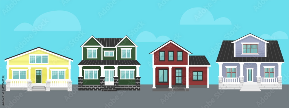 Vector houses with porch set. Collection of two-storey house with porch for rent, for sale in flat style. Street, area with houses. Vector illustration