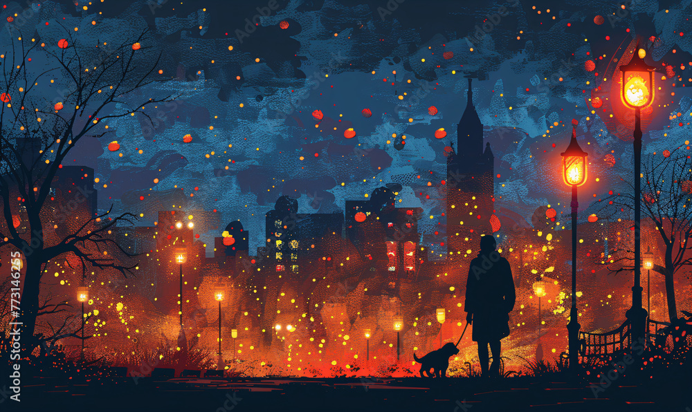Strolling through the city's evening glow with a loyal pet. The charm of urban life and friendship. Visual for contemporary wall art, metropolitan living postcard, and twilight scene wallpaper.