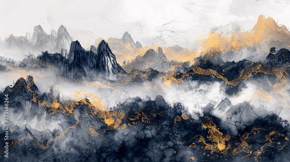 A mesmerizing ink wash landscape painting in the new Chinese style, accented with golden brushstrokes. Perfect for modern art enthusiasts, suitable for wallpapers, posters, cards, murals, and prints - obrazy, fototapety, plakaty 