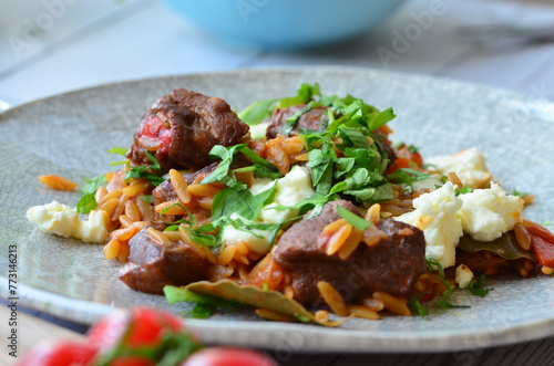 Giouvetsi - Greek lamb and orzo stew. Balkanian cuisine photo