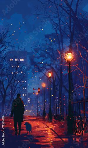 Strolling through the city's evening glow with a loyal pet. The charm of urban life and friendship. Visual for contemporary wall art, metropolitan living postcard, and twilight scene wallpaper.