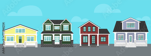 Vector houses with porch set. Collection of two-storey house with porch for rent, for sale in flat style. Street, area with houses. Vector illustration