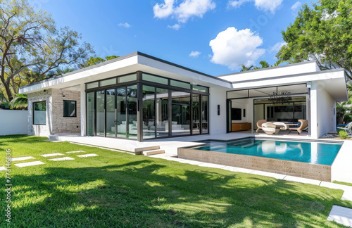 a photo of an modern home in Miami, with white walls and flat roof style house, a small backyard pool area, large windows, green grass, palm trees, blue sky © Kien