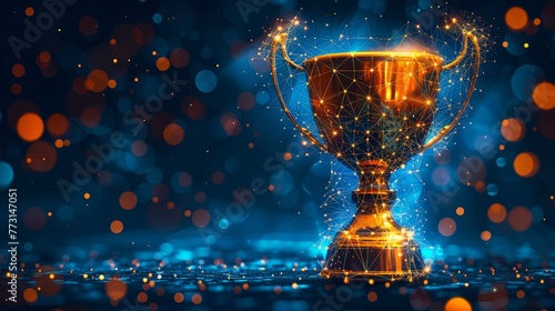 Illustration modern of a golden champion cup with lines and triangles, a point connecting network, and a blue background.
