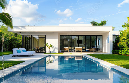 a photo of an modern home in Miami, with white walls and flat roof style house, a small backyard pool area, large windows, green grass, palm trees, blue sky © Kien