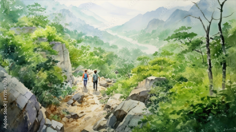a painting of two people hiking down a path in the mountains