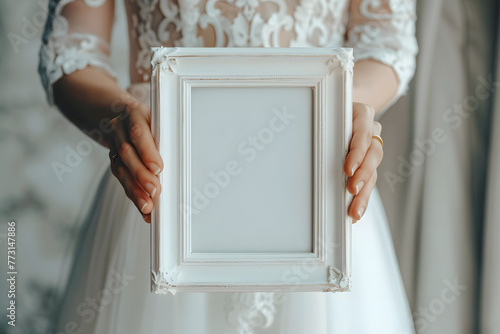 Wedding frame blank mockup in hnads of bride wearing wedding dress. Wedding blank frame template. Wedding background. photo