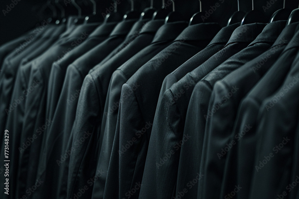 Fototapeta premium many black business suits in a wardrobe