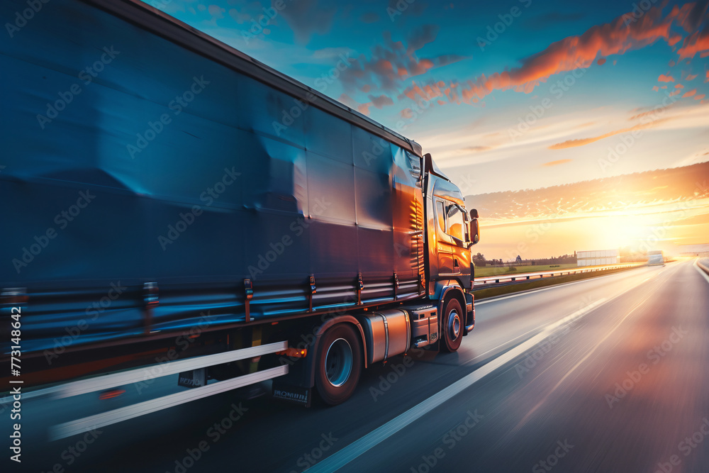 logistics and transportation concept, side view of truck driving along the road