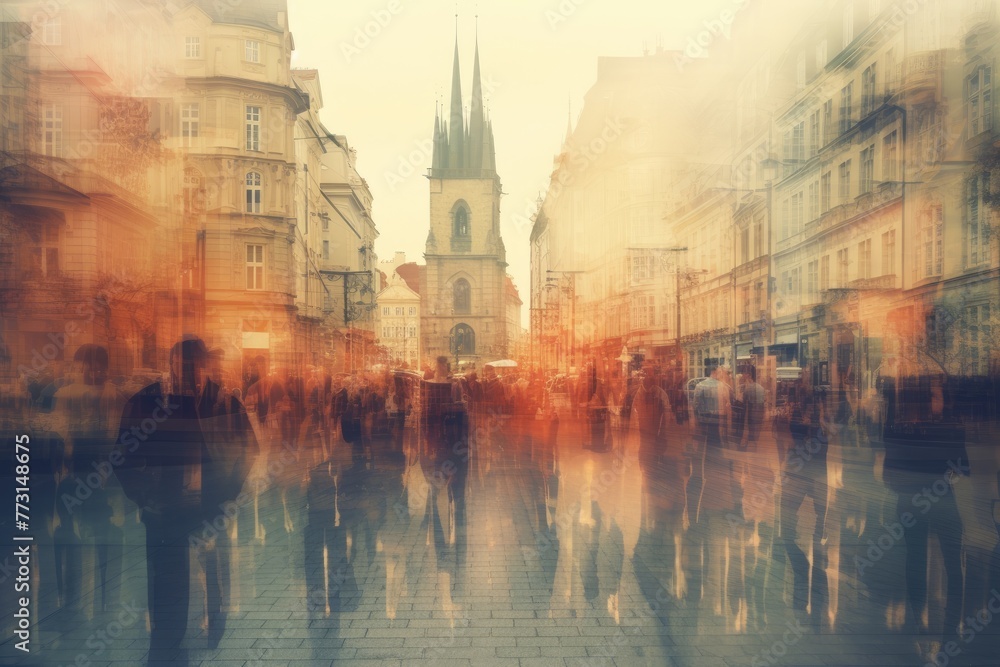 Naklejka premium Double exposure photo, People walking in the street in Prague Czech Republic Double exposure An anonymous crowd of people walking on a city street, AI generated