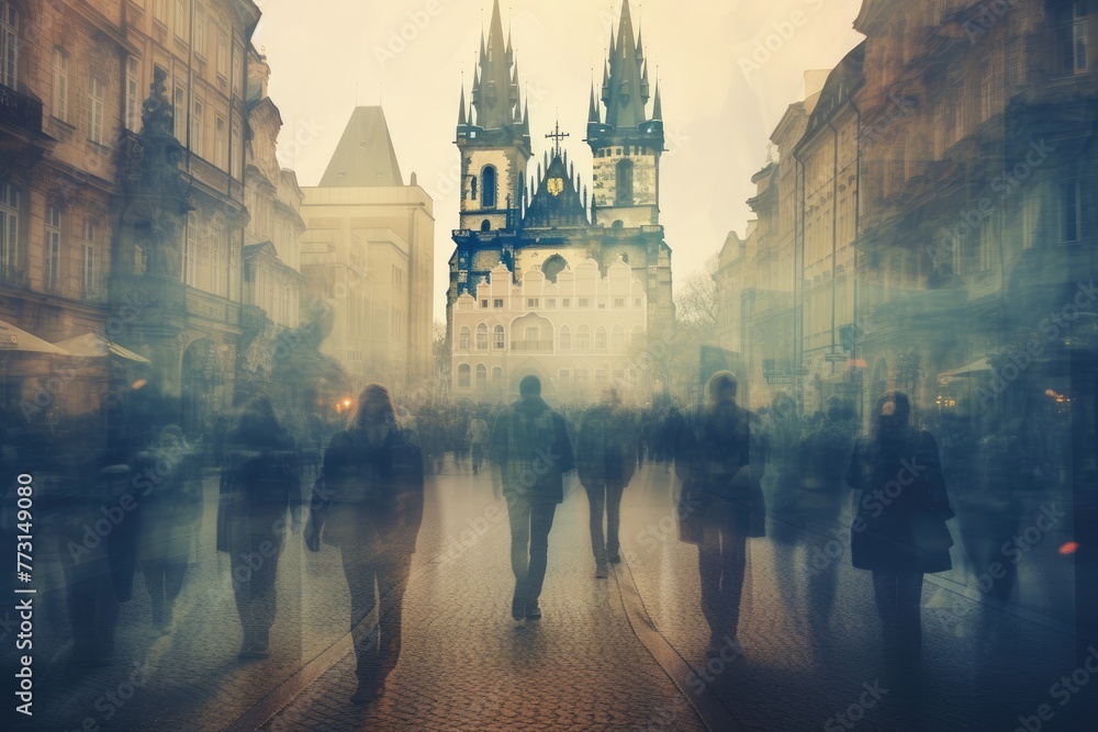 Double exposure photo, People walking in the street in Prague Czech Republic Double exposure An anonymous crowd of people walking on a city street, AI generated - obrazy, fototapety, plakaty 