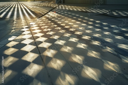 A commercial building with a checkerboard pattern floor, creating a geometric and visually striking design