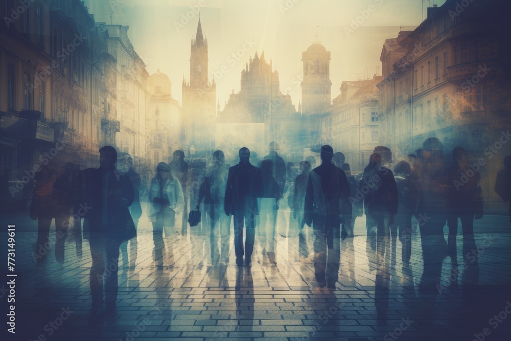 Double exposure photo, People walking in the street in Prague Czech Republic Double exposure An anonymous crowd of people walking on a city street, AI generated