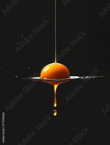 A minimalist graphic design of an egg yolk being poured from above, Drop on the liquid surface on a black background, poster for an oriental kitchen advertisement, Vertical image, Generated by AI
