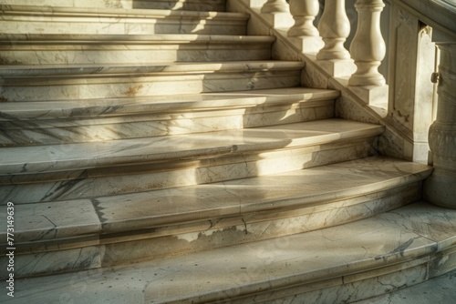 A detailed view of a marble staircase showcasing the intricate balustrade and the play of light and shadow