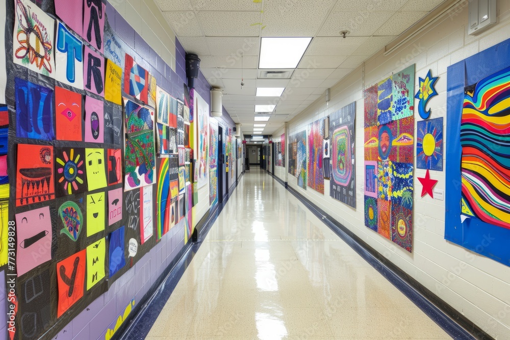 A hallway filled with colorful artwork and posters showcasing student creativity and school spirit