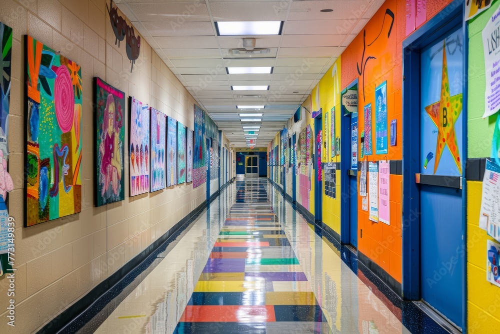A long hallway filled with colorful paintings and artwork displaying student creativity in a school setting