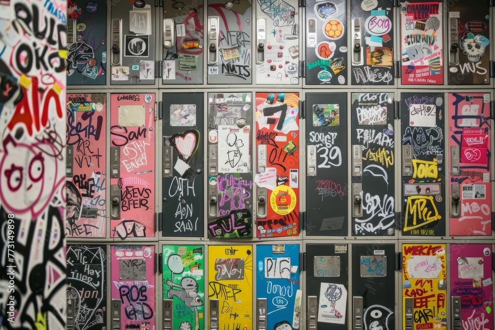 A wall completely covered in a variety of stickers, graffiti, and personal touches, showcasing individuality and personality