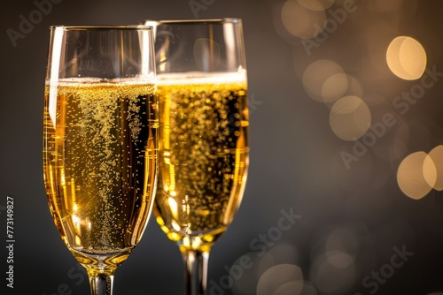 Two glasses of champagne sitting closely beside each other, showcasing the sparkling bubbles and the festive atmosphere of celebration